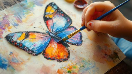 A child's hand holding a paint brush and painting a colorful butterfly on paperの素材