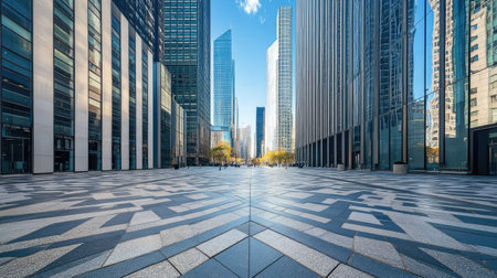 A city square with unique stone patterns, set against the bold lines of contemporary skyscrapersの素材