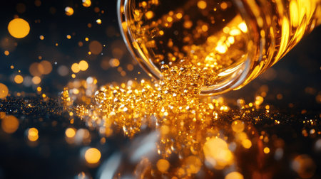 A close-up of an open capsule spilling golden oil onto a glass surface, creating a dramatic effectの素材