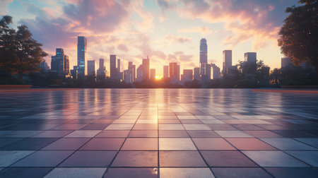 A clean, empty square with stone paving and a backdrop of futuristic city buildings at sunsetの素材