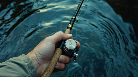 A close-up of fingers gripping the reel of a fishing rod above a mirror-like river surfaceの素材