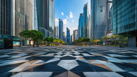 A city square with unique stone patterns, set against the bold lines of contemporary skyscrapersの素材