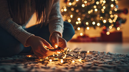 A close-up of hands carefully untangling Christmas lights on a cozy rug near a decorated holiday treeの素材