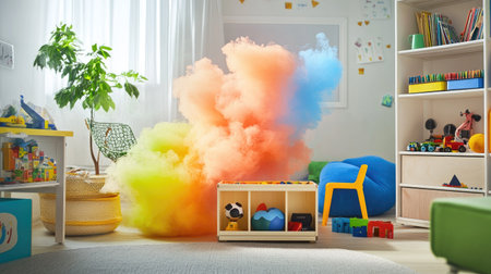 A child's toy box releasing whimsical, colorful smoke into a playroomの素材