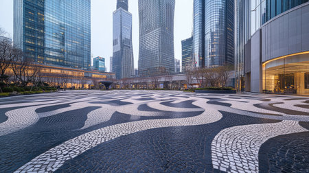 A city square with unique stone patterns, set against the bold lines of contemporary skyscrapersの素材