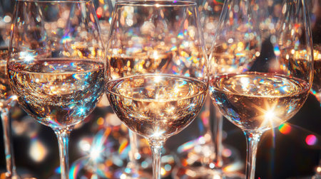 A close-up of wine glasses filled with sparkling wine, with reflections of Christmas lights creating a magical effectの素材