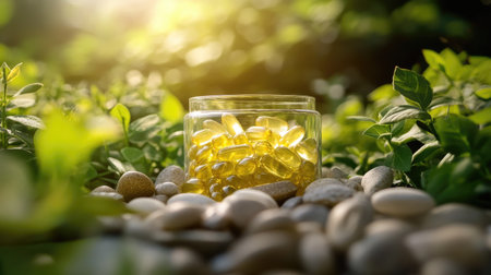 A clear container of vitamin E capsules resting on a bed of pebbles and surrounded by greeneryの素材
