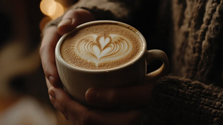 A close-up of a person holding a mug of cappuccino with delicate latte art, steam rising gentlyの素材