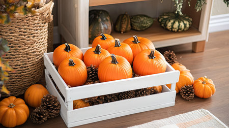 A festive fall setup featuring bright orange pumpkins on a white crate, surrounded by mini gourds and pineconesの素材