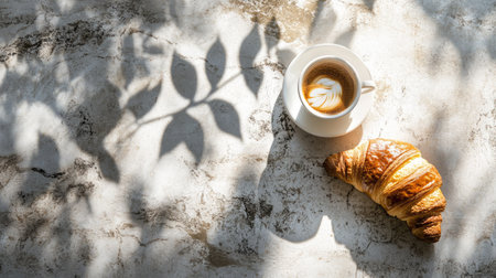 A close-up of a fresh croissant and coffee cup on a stone surface, with leafy shadow patterns in the backgroundの素材