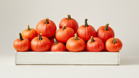 A collection of bright orange pumpkins arranged on a white crate against a simple neutral backgroundの素材