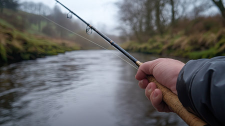 A close-up of a hand gripping a fishing rod with a calm river flowing in the backgroundの素材