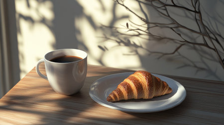 A cozy breakfast scene with a coffee cup and croissant on a white plate, with tree branch shadows in the backgroundの素材