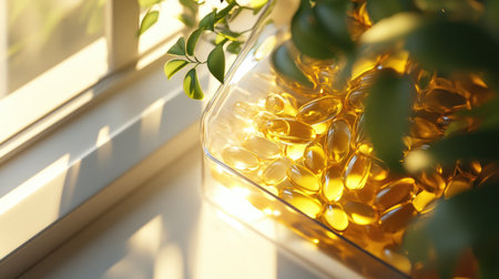 A detailed shot of fish oil capsules in a transparent container, catching natural sunlight on a windowsillの素材