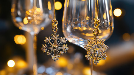 A close-up of wine glasses with gold and silver holiday charms hanging from the stems, against a blurred background of lightsの素材