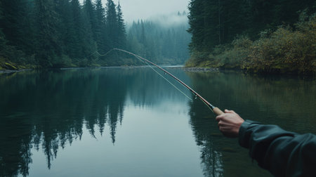 A fishing rod held by a hand, casting a line into the calm waters of a meandering riverの素材
