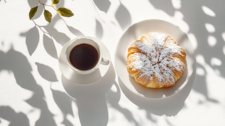 A croissant dusted with powdered sugar next to an espresso cup, with shadows of leaves on a white backgroundの素材