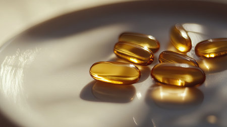 A close-up of golden omega fish oil capsules arranged neatly on a white ceramic plateの素材