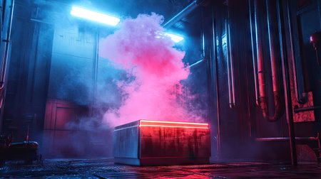 A futuristic metallic box emitting neon-colored smoke into a shadowy laboratoryの素材