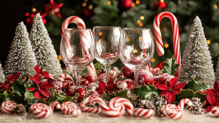 A festive arrangement with wine glasses surrounded by candy canes, holly branches, and miniature Christmas treesの素材