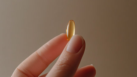 A close-up of a hand holding a single golden omega- fish oil capsule against a neutral backgroundの素材