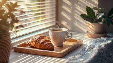 A cozy breakfast setting with a coffee cup and croissant on a tray, with dappled sunlight filtering through blindsの素材