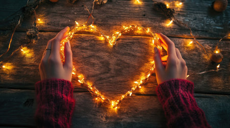 A festive scene featuring hands carefully arranging string lights into a heart shape on a wooden tableの素材