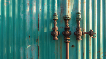 A corrugated metal wall with dramatic noon shadows from overhanging pipes.の素材