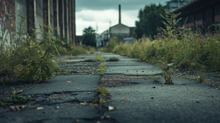 A deserted rural lane outside an abandoned industrial building, with weeds growing through cracks in the pavement.の素材