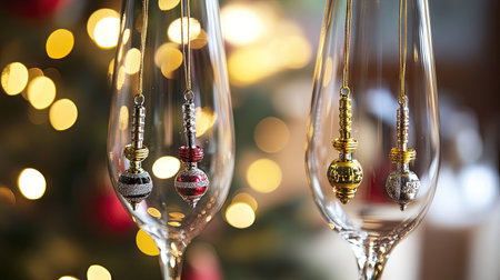 A close-up of wine glasses with gold and silver holiday charms hanging from the stems, against a blurred background of lightsの素材