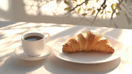 A cozy breakfast scene with a coffee cup and croissant on a white plate, with tree branch shadows in the backgroundの素材
