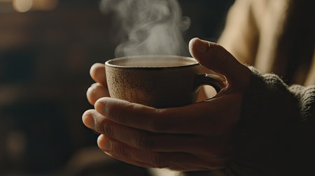 A close-up of hands cradling a warm coffee cup, steam rising gently as the person enjoys the aromaの素材