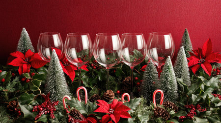 A festive arrangement with wine glasses surrounded by candy canes, holly branches, and miniature Christmas treesの素材