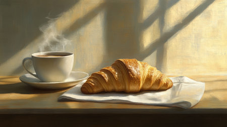 A croissant on a napkin beside a steaming coffee cup, with soft, long shadows from early morning lightの素材