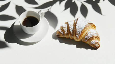 A croissant dusted with powdered sugar next to an espresso cup, with shadows of leaves on a white backgroundの素材