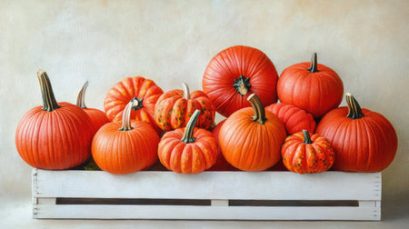 A collection of bright orange pumpkins arranged on a white crate against a simple neutral backgroundの素材