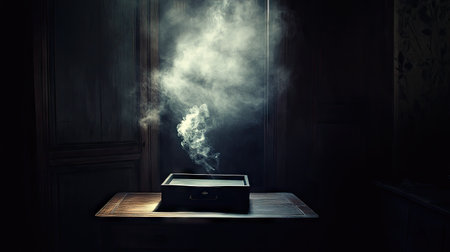 A dark room with an open box on the table, eerie smoke drifting upwards into the dim lightの素材