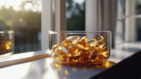 A detailed shot of fish oil capsules in a transparent container, catching natural sunlight on a windowsillの素材