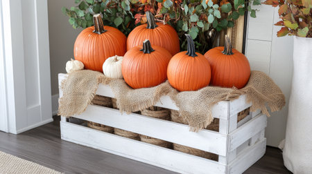 A farmhouse-inspired display of bright orange pumpkins stacked on a white crate with burlap accentsの素材