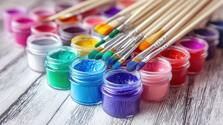 A close-up of colorful paint brushes dipped in paint jars, arranged on a wooden tableの素材
