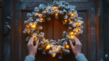 A festive moment captured with hands holding golden lights near a frosty pine wreath on a wooden doorの素材