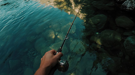 A close-up of fingers gripping the reel of a fishing rod above a mirror-like river surfaceの素材