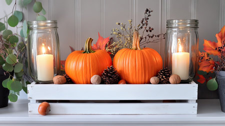 A decorative fall arrangement with bright orange pumpkins on a white crate, flanked by candles and acornsの素材