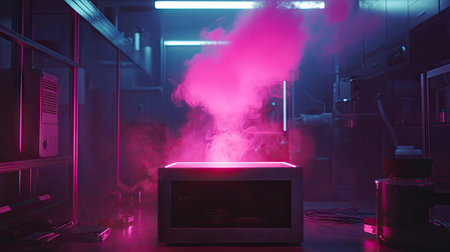 A futuristic metallic box emitting neon-colored smoke into a shadowy laboratoryの素材