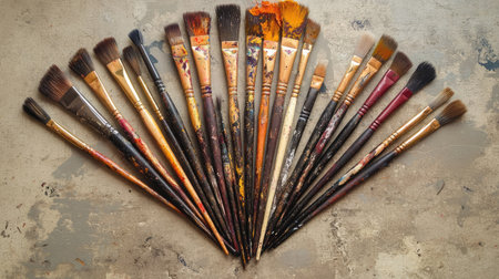 A collection of paint brushes with dried paint arranged in a fan shape on a tableの素材