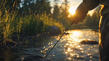 A fishing rod held by a hand on a sunny riverbank with a gentle breeze rippling the waterの素材