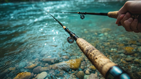 A fishing rod held by a hand above clear river waters with pebbles visible beneathの素材
