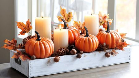 A decorative fall arrangement with bright orange pumpkins on a white crate, flanked by candles and acornsの素材