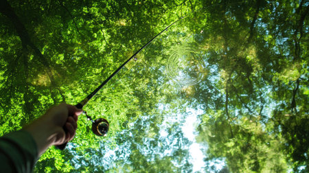 A fishing rod held by a hand over a river reflecting the green canopy of trees aboveの素材