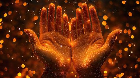 A creative shot of hands covered in glitter, holding warm-toned Christmas lights against a starry backdropの素材